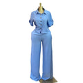 European and american women's clothing  autumn new collection: sweet and fresh turn-down collar short-sleeve shirt and high-waisted straight-leg pants two-piece set