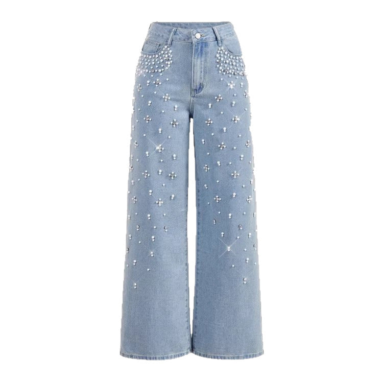 new arrivals: , tiktok, pinduoduo, cross-border e-commerce, european & american style, washed denim, beaded women's trousers