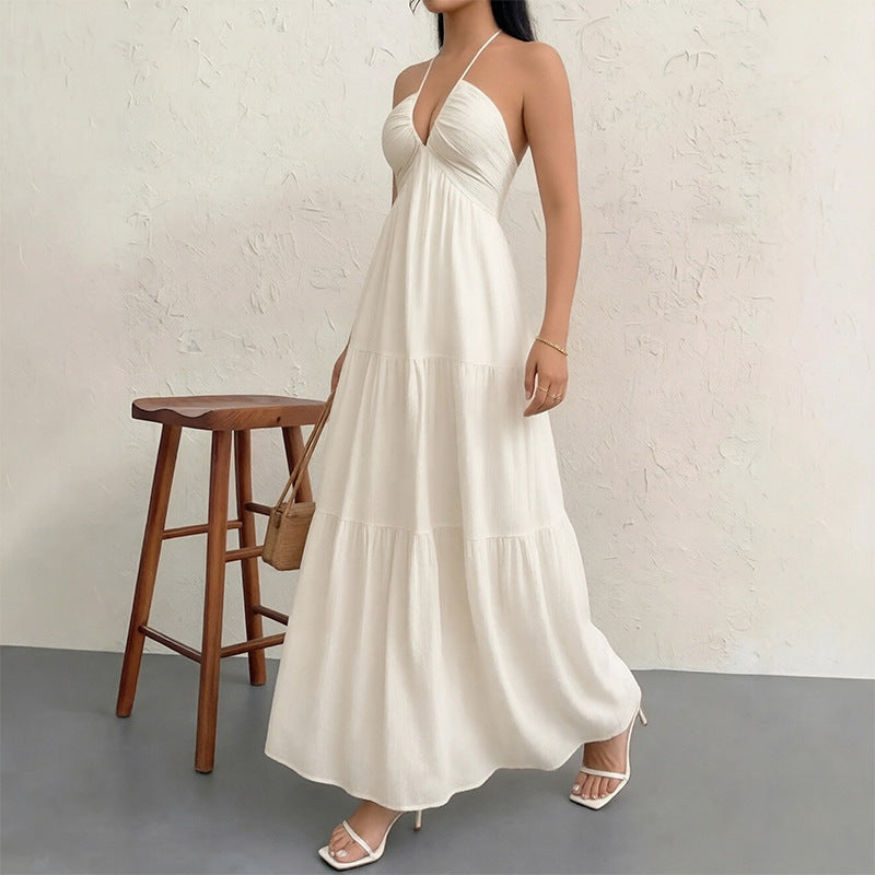 european and american export women's clothing: new summer sexy halter deep v backless tie-up vacation style maxi dress
