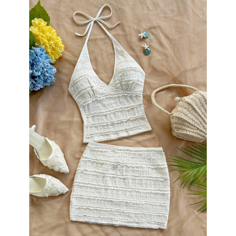 Women's summer new sexy vacation textured halter top and solid color midi skirt two-piece set