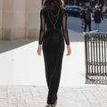 Amazon cross-border women's black velvet mesh long-sleeve dress - slim fit, figure-flattering, elegant short-sleeve style