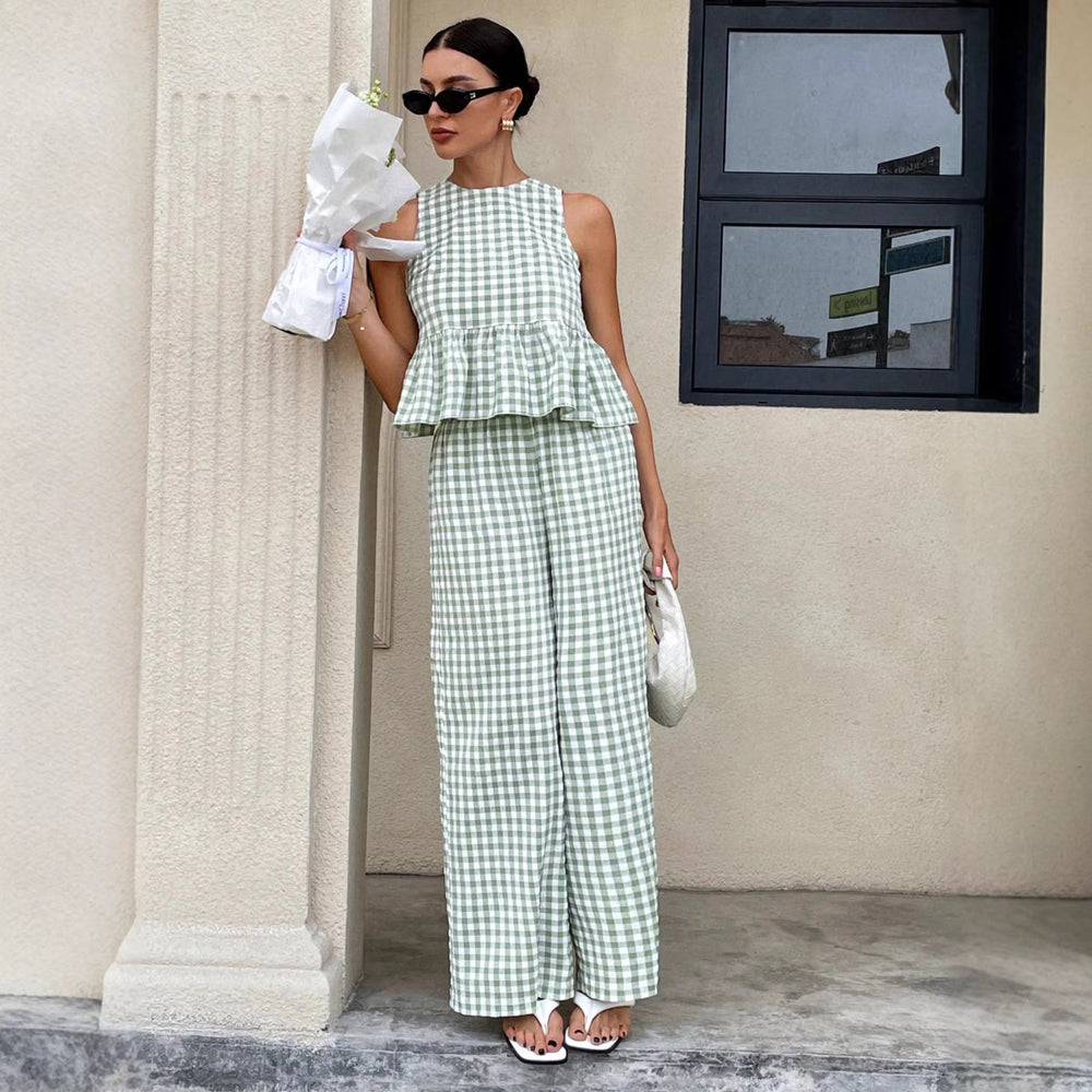 cross-border fashion: european & american  style - sleeveless round neck ruffle hem top with high-waisted straight-leg pants