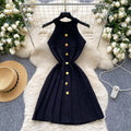 Chanel-inspired sleeveless halter knit dress - women's  summer french style cinched waist metallic buckle houndstooth sweater dress