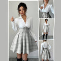 Fashion cross-border  accessible luxury thick flower patchwork short skirt pure white lapel long sleevestopsmatching light gray dress