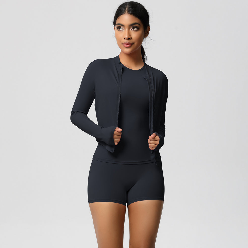 European and american nude feel cardigan jacket, crew neck short sleeve t-shirt, casual yoga set, running sports fitness three-piece outfit