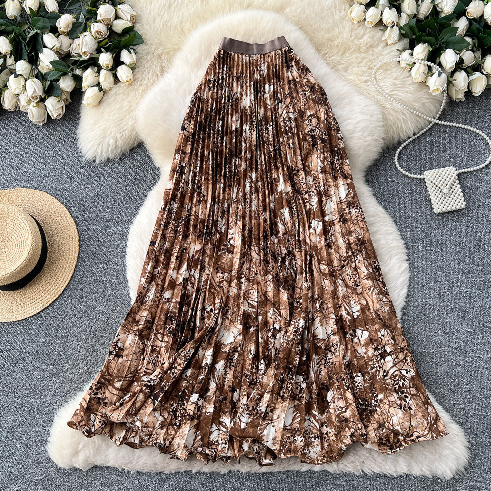 Vintage print pleated elastic waist fashion skirt - women's high-waisted a-line skirt - commute-friendly, flowy maxi skirt for summer