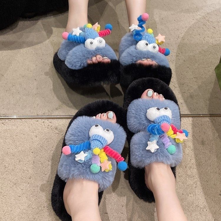 Fuzzy slippers women's outerwear 2025 new korean style ins trendy shoes autumn and winter one-strap thick-soled cotton slippers spring and summer