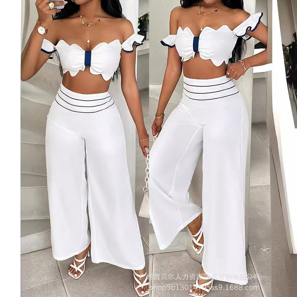 ODS5118 Women's Fashion Off-Shoulder Lace Top + Wide Leg Pants Set (2-piece set)