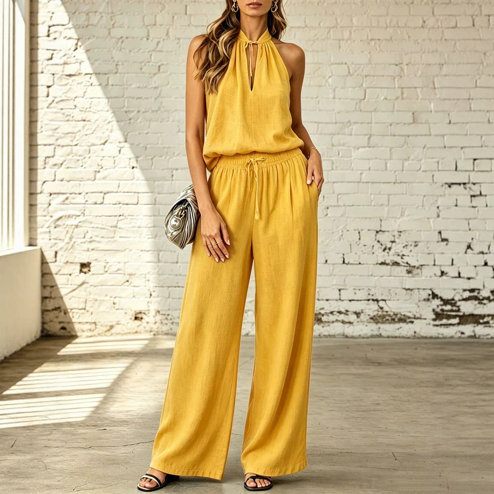 cross-border fashion  spring/summer women's solid color casual cotton linen top and wide-leg pants set