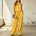 cross-border fashion  spring/summer women's solid color casual cotton linen top and wide-leg pants set