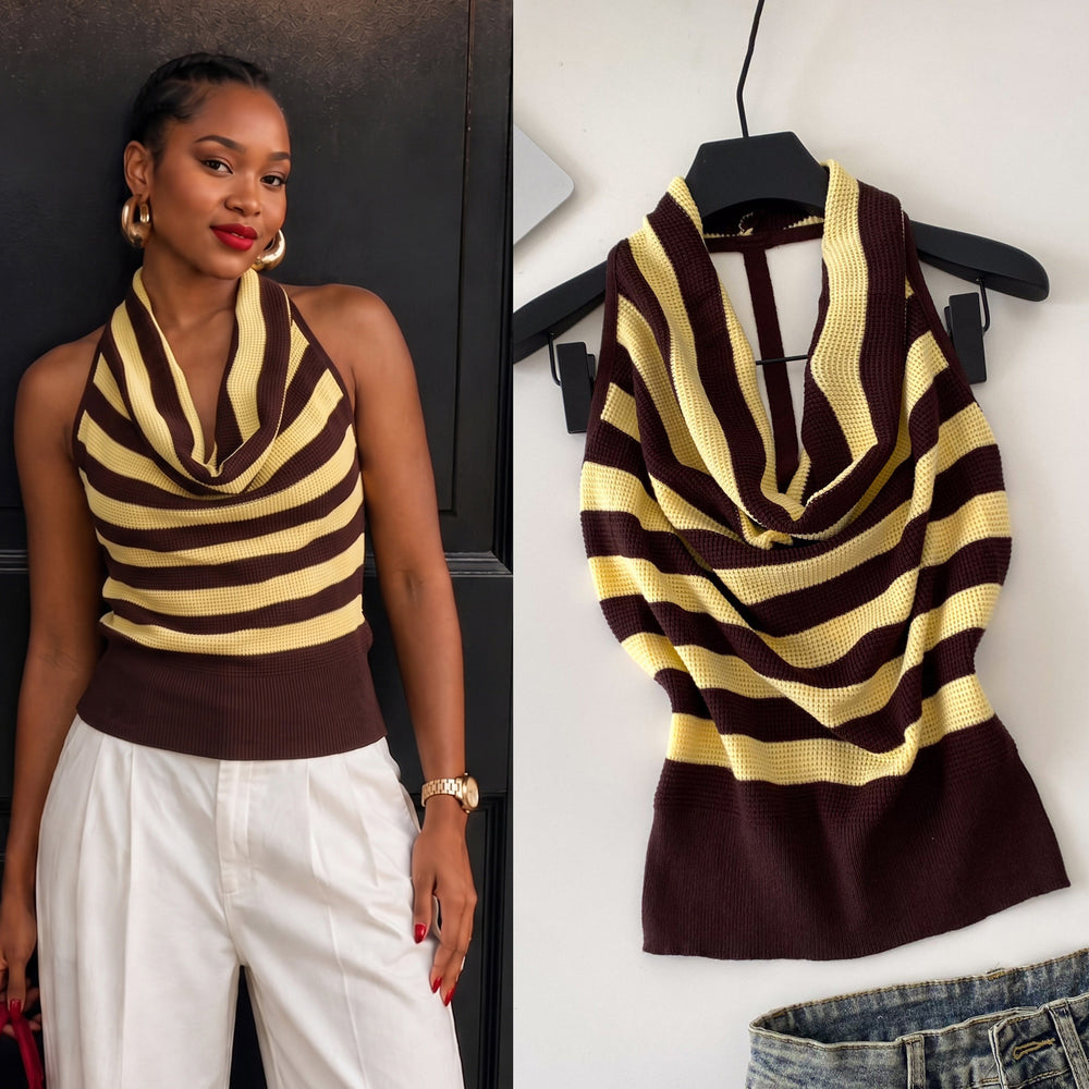 Pure desire style halter stripes tank top women's silmslimming lookeasiest for match sleeveless topssummer work clothing styleclassy suspender