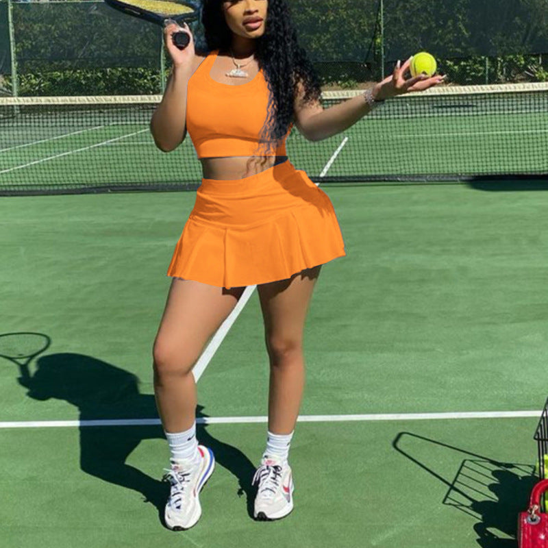 Casual slim-fit sports tank top and skort two-piece set -  european & american fashion, sexy solid color tennis style