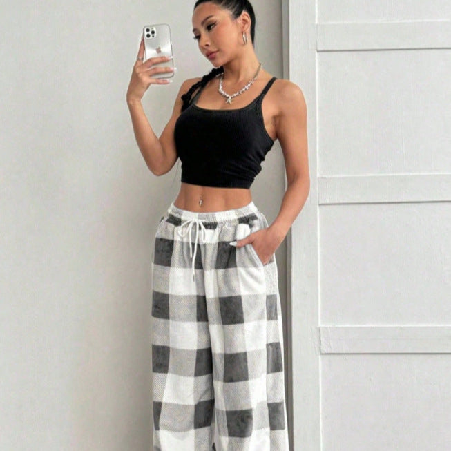 Amazon  cross-border american style wide-leg pants for women, new summer lightweight plaid print straight-leg casual pants