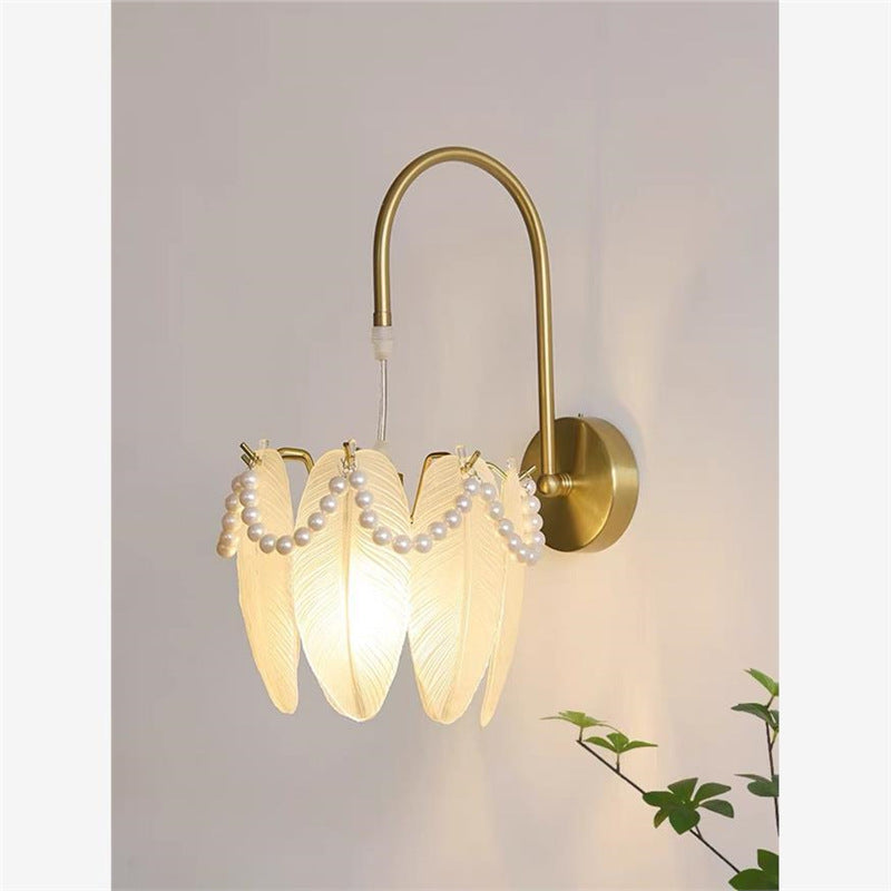 French cream style glass feather wall lamp - bedroom, bedside, living room, background wall, popular corridor, light luxury lighting fixture
