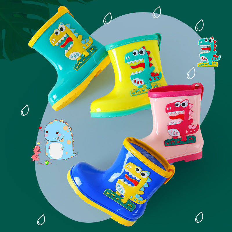 Kids' mid-calf waterproof rain boots - new fashionable styles for boys and girls - non-slip, fleece-lined baby rain boots - dinosaur designs available