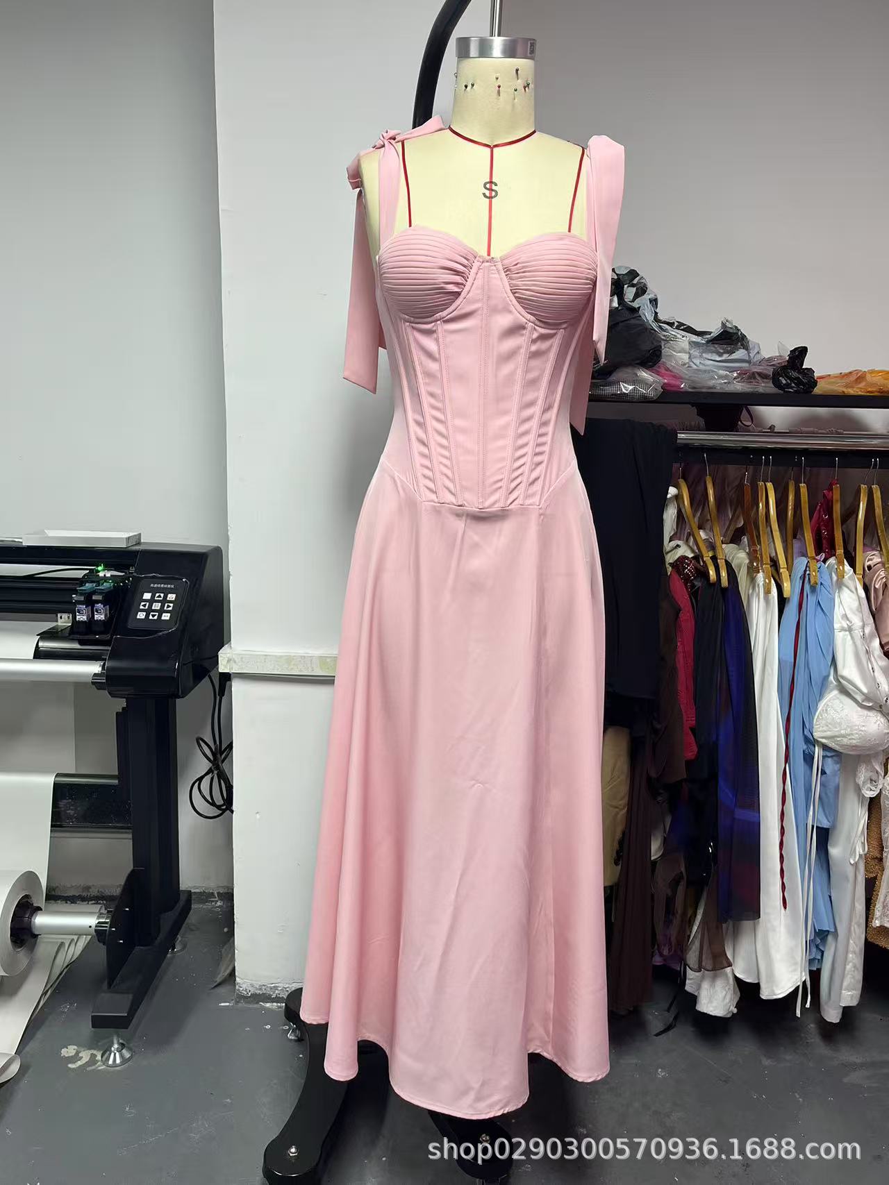 SDM158 temperament pink bow with fishbone tube top suspender pleated dress new holiday girl dress