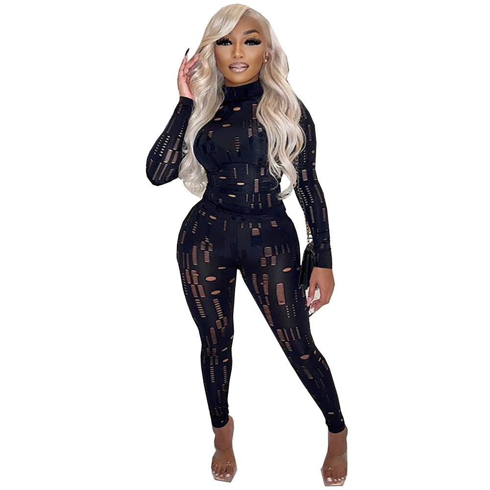 European and american export women's clothing:  independent site fashionable sexy hollow-out distressed tight-fitting long sleeve two-piece set