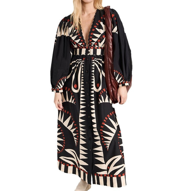 cross-border e-commerce european and american women's clothing: new summer collection - vintage-inspired printed lantern sleeve fashion v-neck dress