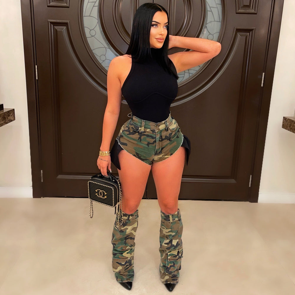 e-commerce european and american fashion ins sexy women's camouflage summer hot pants leg cover three-piece camouflage shorts