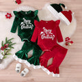 christmas girl's cute letter print long-sleeve romper + flare pants + hat three-piece christmas set