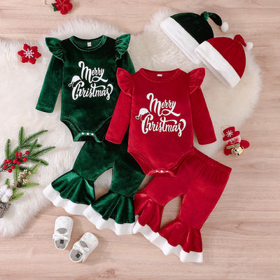 christmas girl's cute letter print long-sleeve romper + flare pants + hat three-piece christmas set
