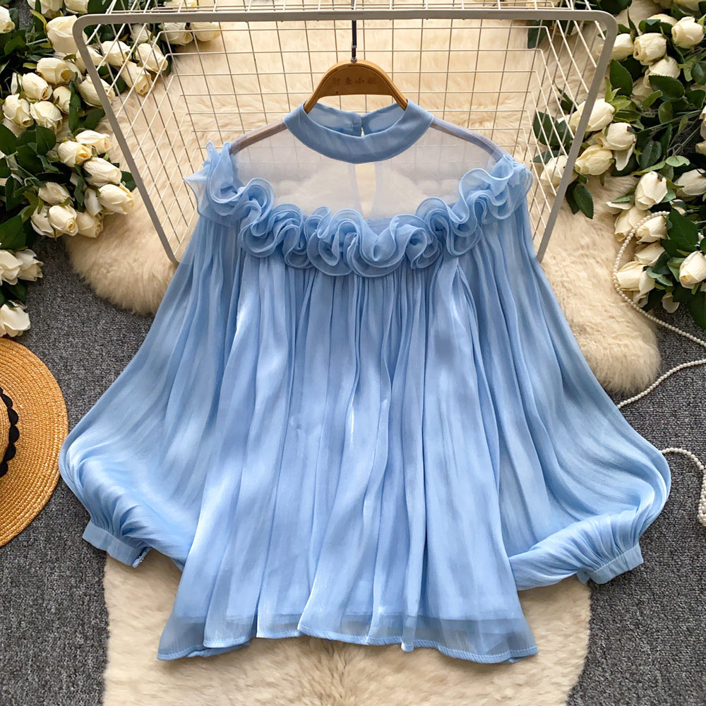 Korean style commute-friendly, skin-friendly, breathable ruffle hem blouse - women's summer long sleeve mesh oversized pink girly top
