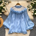 Korean style commute-friendly, skin-friendly, breathable ruffle hem blouse - women's summer long sleeve mesh oversized pink girly top