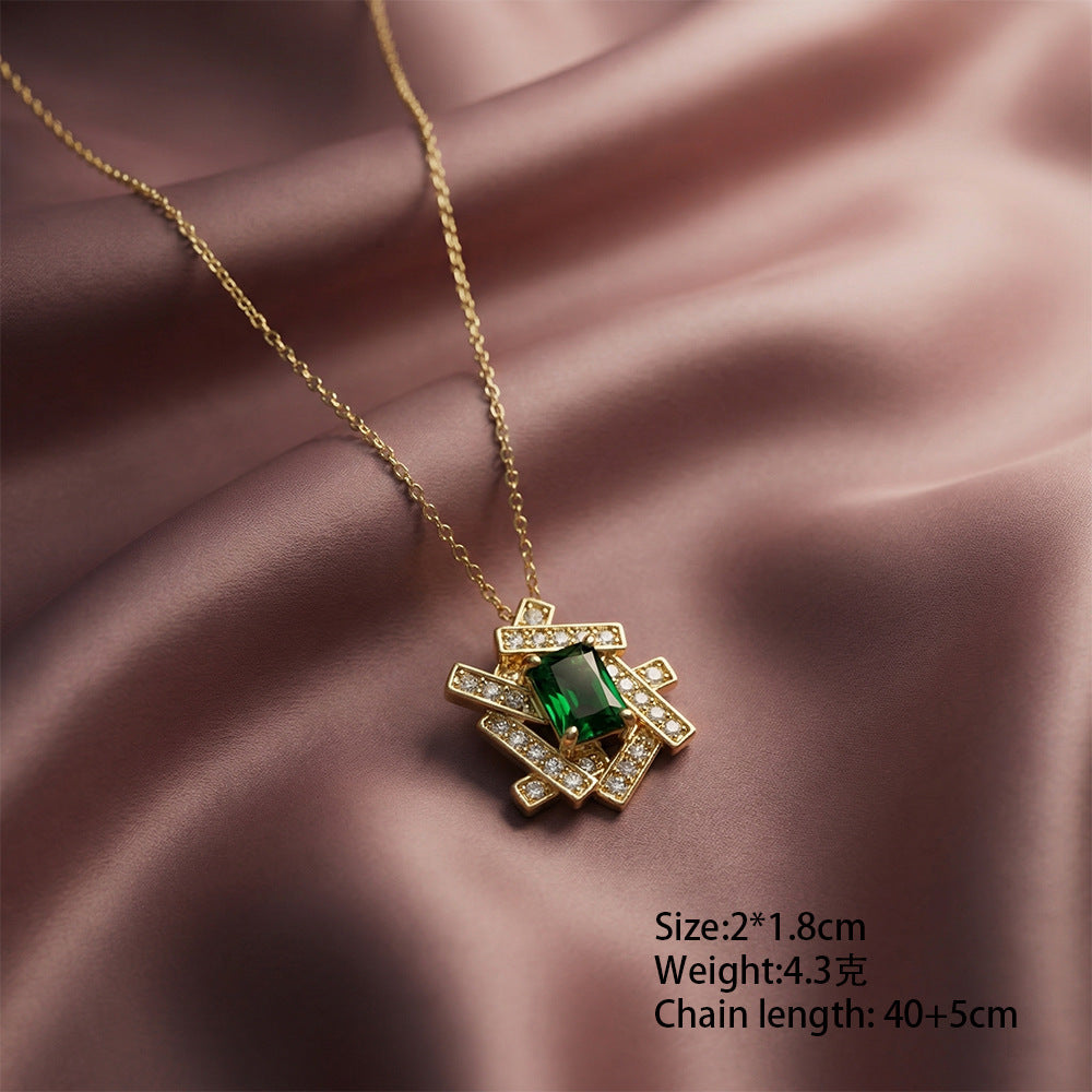 Stylishfashion copper inlaid zirconium emerald geometric necklace women's light luxury easiest for matchelegantcasual non-fading earrings suit