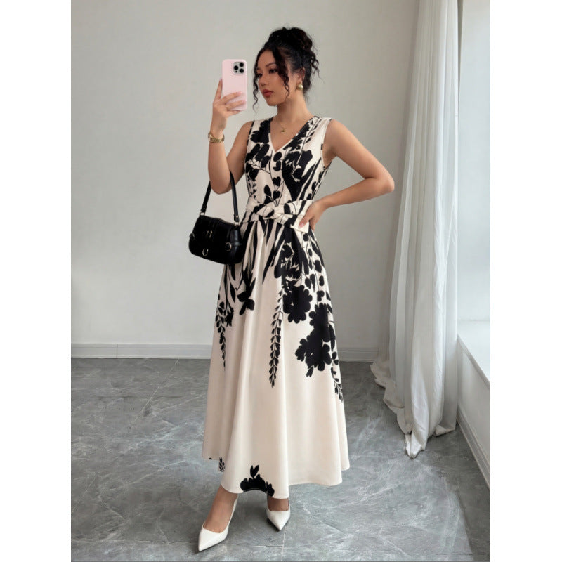 Women's summer new french chic casual minimalist printed cinched waist sleeveless midi dress - perfect for work
