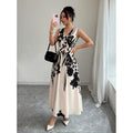 Women's summer new french chic casual minimalist printed cinched waist sleeveless midi dress - perfect for work
