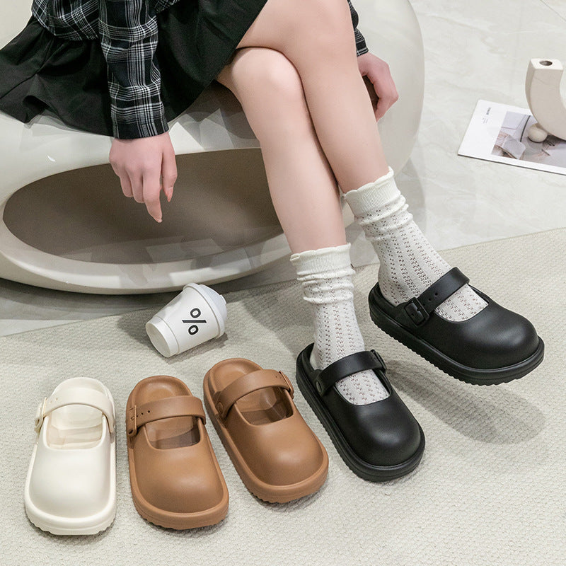 Women's Mary Jane hole shoes summer college simple versatile Birkencool slippers home wear solid color bag head slippers