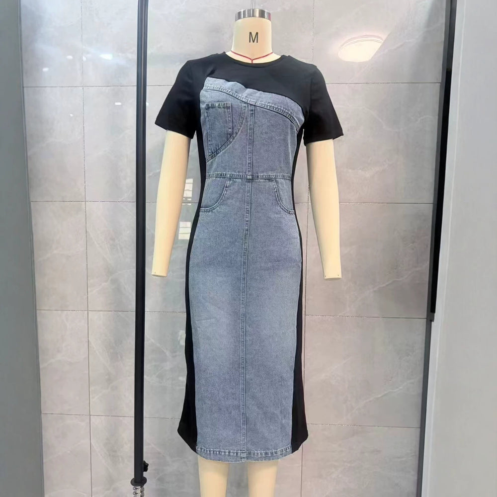 european and american cross-border  denim patchwork midi dress - unique design for women