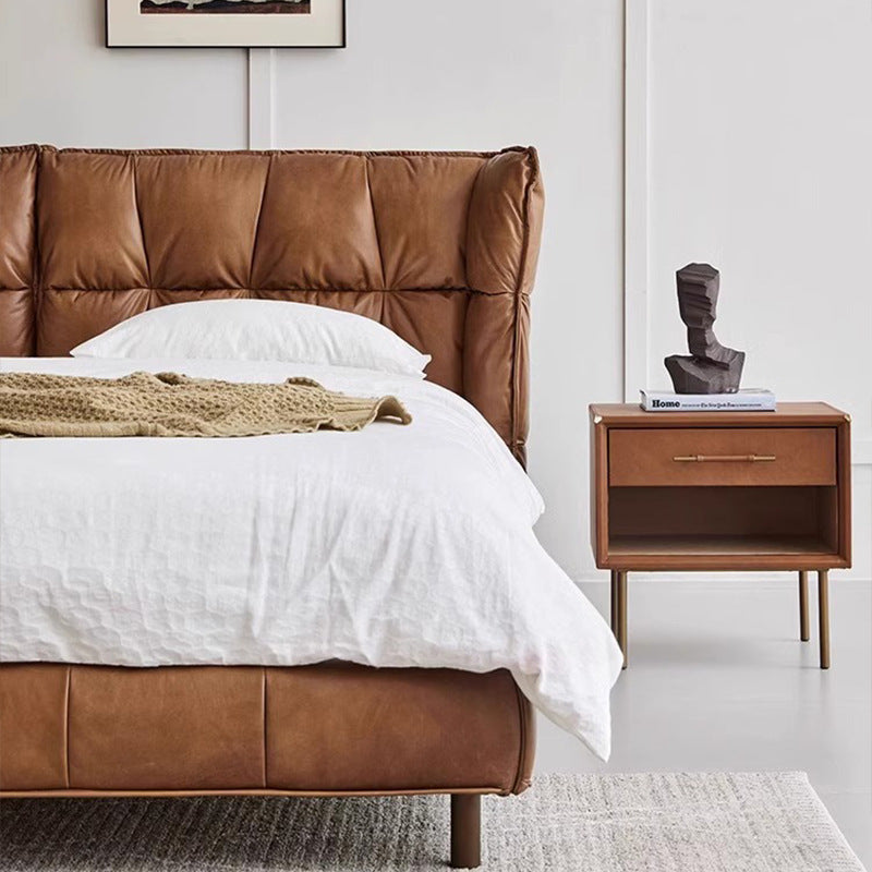 Used style oil wax genuine leather muscle bed modern retro designer model master bedroom 1.8m pull point leather double bed