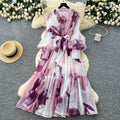 French chic dress -  new collection: court style tie-waist lantern sleeve printed mesh midi dress