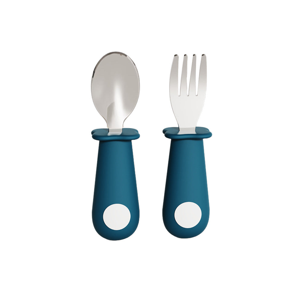 New custom baby food-grade silicone handle feeding fork and spoon set - stainless steel fork and spoon set for independent eating