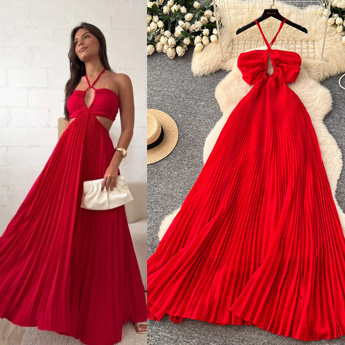 Beach vacation style ethereal flowy red beach dress women's french sweet halter sundress