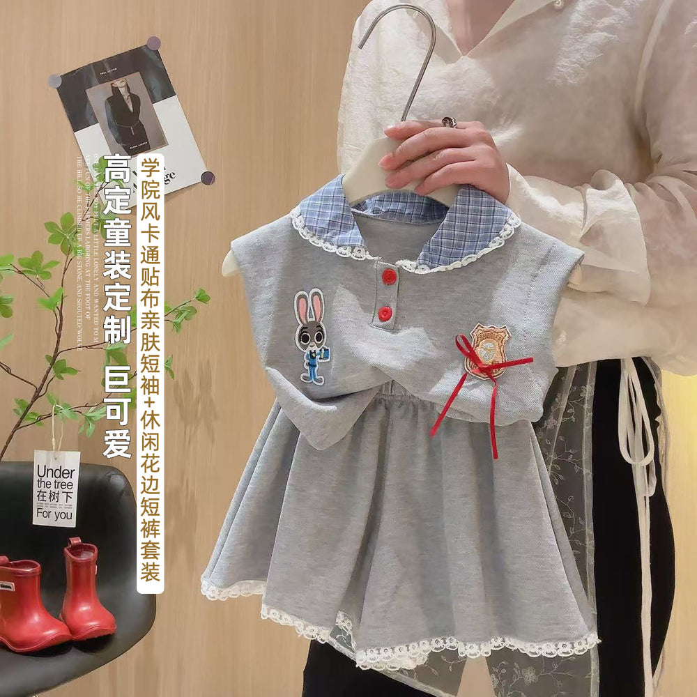 Girls' outfit set: cartoon appliqué bunny officer, 3d bow, plaid lace collar – stylish, high-quality, ready-to-wear
