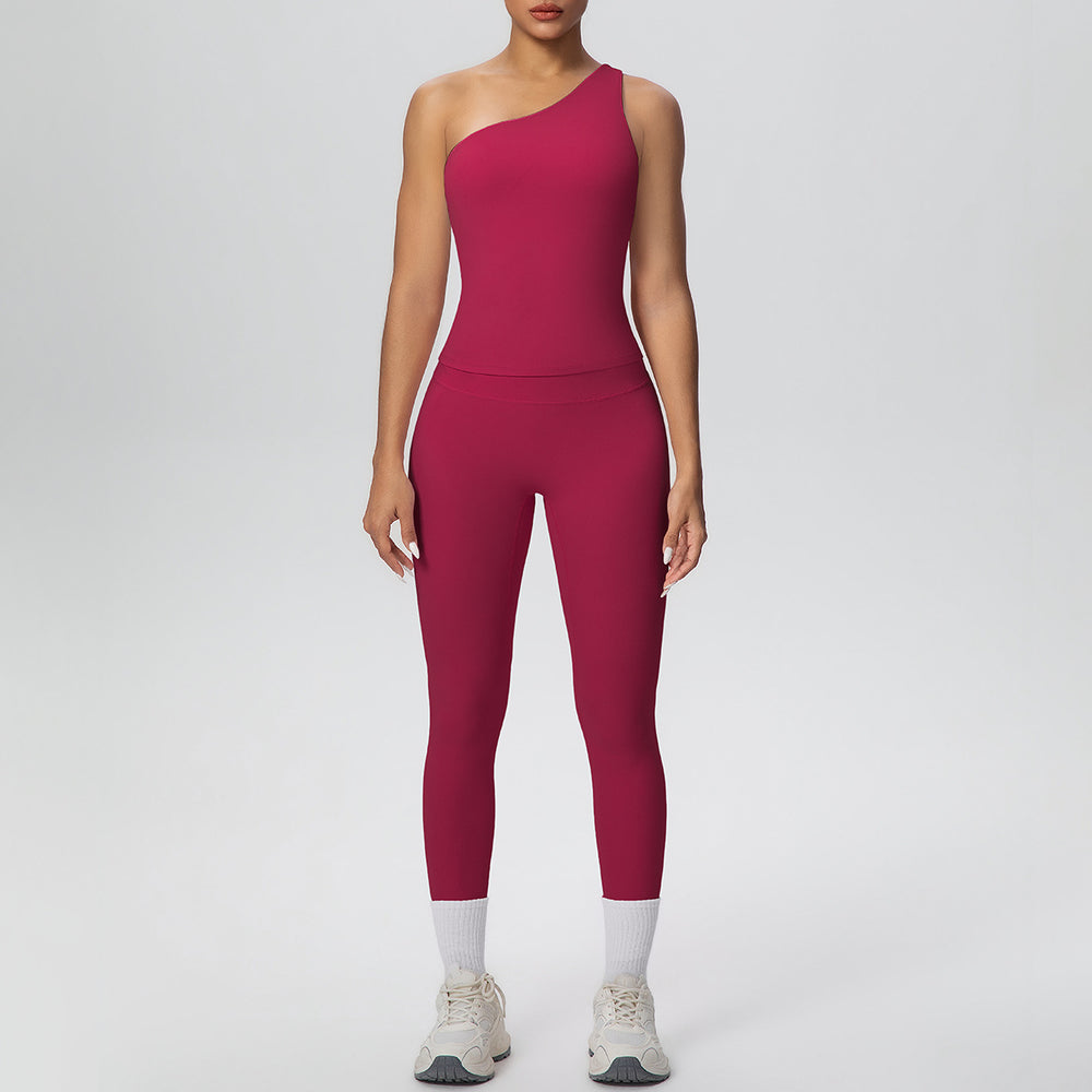 New arrival cross-border double-sided brushed nude tight one-shoulder vest sports suit running fitness yoga clothes two-piece set