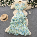 French chic v-neck floral dress - women's summer irregular short sleeve, slim fit a-line maxi dress - perfect for vacation