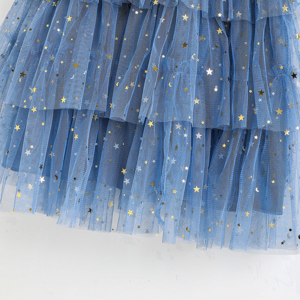 girls' ins-style mesh dress, ages 3-8, flutter sleeve dress, european and american solid color summer dress, cross-border e-commerce
