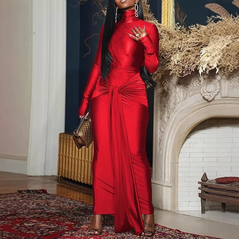 European and American new solid color sexy slim-fitting turtleneck long-sleeved lace-up streamer hip-wrapped dress women's clothing