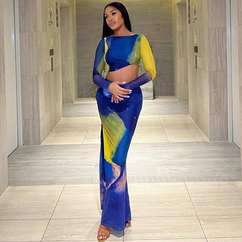 European and american style printed bodycon dress set with flared sleeves, ruched crop top, and high-waisted bodycon skirt - fashionable two-piece outfit