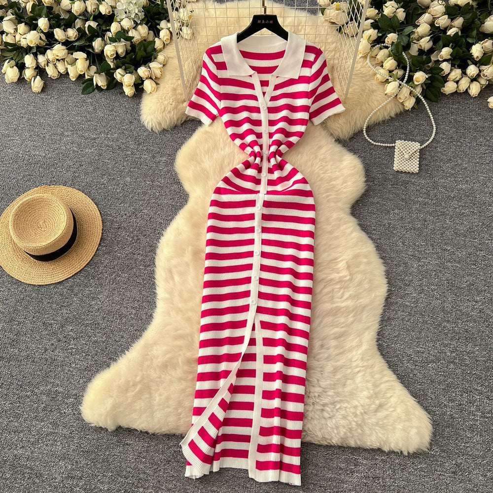 Korean chic retro socialite color block lapel single-breasted striped knit dress - slimming maxi dress