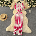 Korean chic retro socialite color block lapel single-breasted striped knit dress - slimming maxi dress