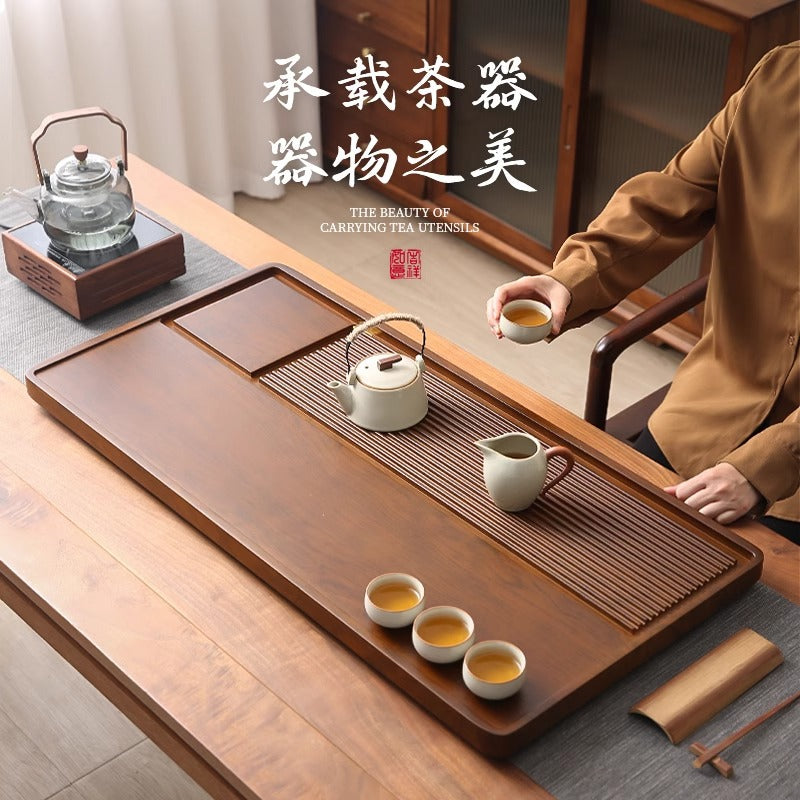 Solid wood tea tray, starting from one piece, for home, one piece, rectangular, casual office, dry tea table, kung fu style, with drainage