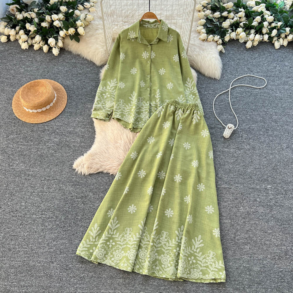 French chic two-piece set: autumn lantern sleeve blouse & high-waisted maxi skirt - effortless style for work or play