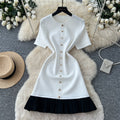 Xiaoxiangfeng knittingdress women's  summer fashion metal button short sleeve pleated patchwork classy work clothing skirt