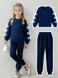girl's pants suit navy blue pit stripes round neck sweatshirt jogger pants sports pants bowspatchworktwo-piece set
