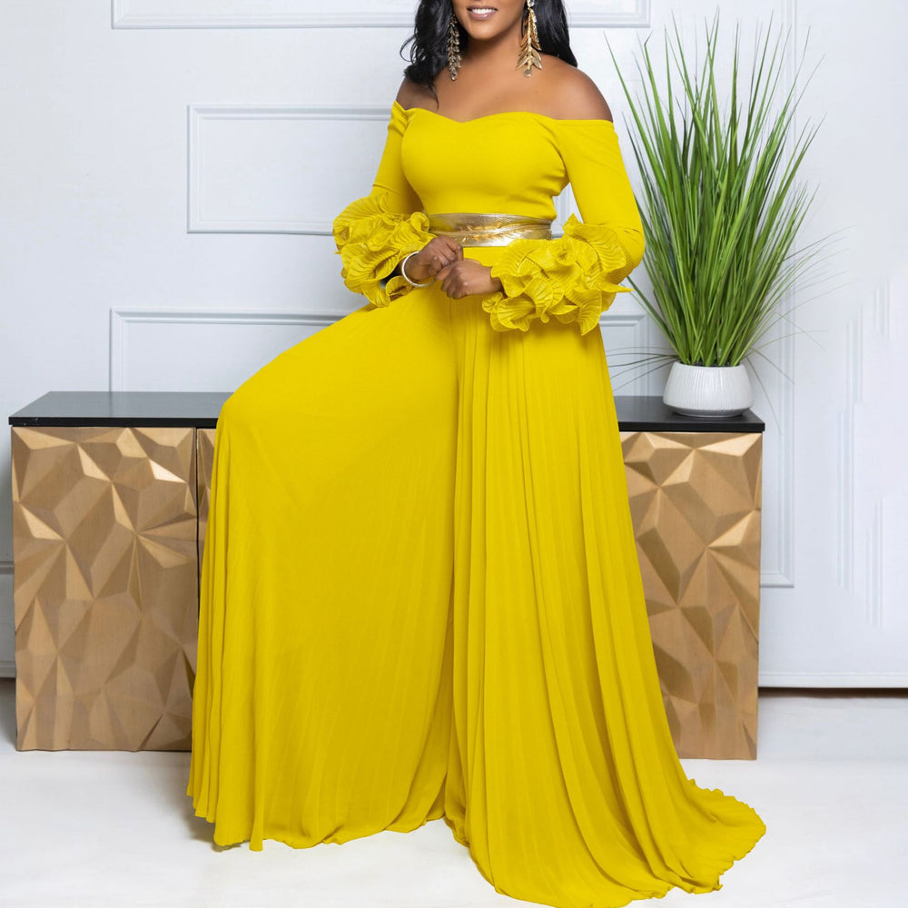 C8611   new fashion one-shoulder ruffle sleeve solid color pleated wide-leg african jumpsuit