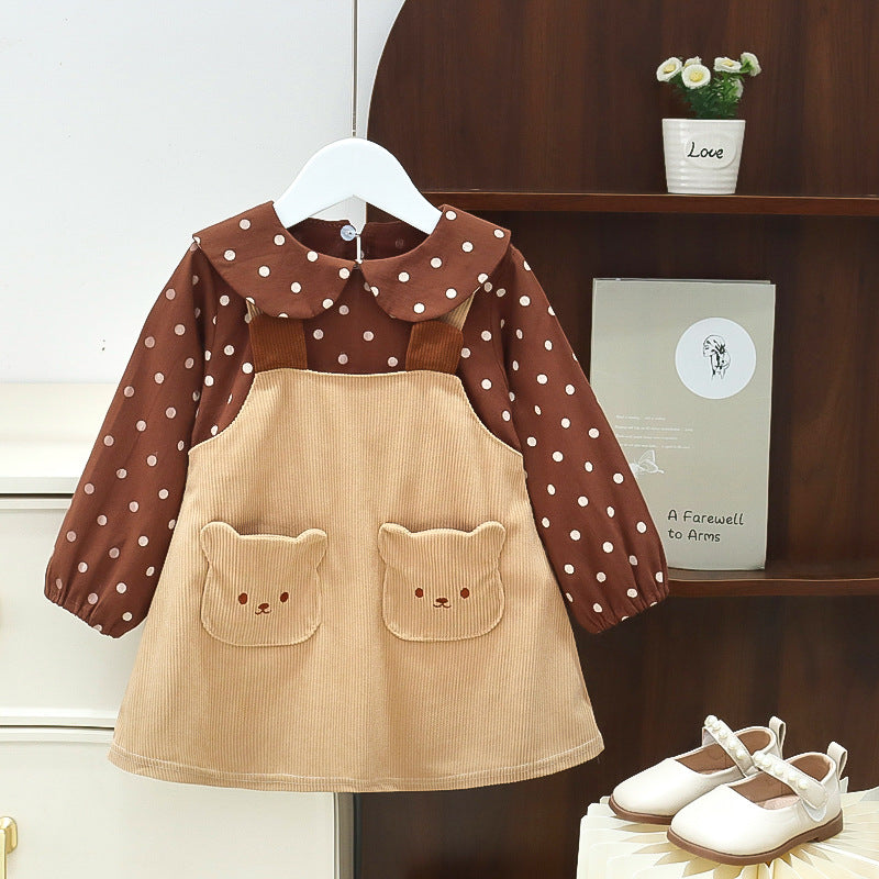 Girls' dress  autumn new style chic children's polka dot dress little bear baby princess dress kids' skirt trendy